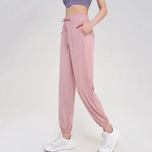 Nylon Women's Pants, Gym Sweatpants, Yoga Loose Sports Pant, Elastic Breathable Sportswear, Handmade Waist Women's Clothing Pink