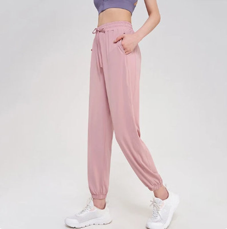 Nylon Women's Pants, Gym Sweatpants, Yoga Loose Sports Pant, Elastic Breathable Sportswear, Handmade Waist Women's Clothing Pink