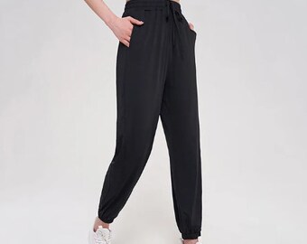 Pantalons en nylon pour femmes, Pantalons de survêtement de gymnastique, Pantalons de sport amples de yoga, Vêtements de sport élastiques respirants, Vêtements pour femmes à taille faite main