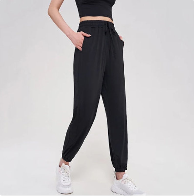 Nylon Women's Pants, Gym Sweatpants, Yoga Loose Sports Pant, Elastic Breathable Sportswear, Handmade Waist Women's Clothing Black