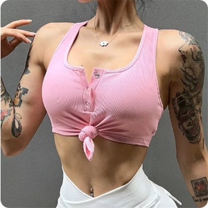 2024 Pad Nylon Bra, Button Knot Fitness Bra, Handmade Running Sports Yoga Bra, Women Quick Dry Crop, Top Push Up Workout Running Vest Pink