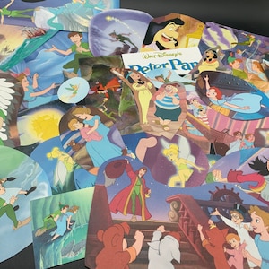 May include: A collection of colorful cartoon character illustrations from the Disney movie Peter Pan. The illustrations feature Peter Pan, Captain Hook, Tinkerbell, Wendy, and other characters from the movie. The illustrations are printed on cardstock and are perfect for scrapbooking, card making, or other craft projects.