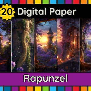 Rapunzel Background Backdrop Photo booth Digital paper Fairy Tale Princess Tower magical forest village open windowsill Scrapbook Journal
