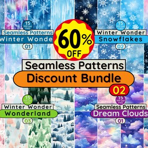 Pode incluir: Uma colagem de 15 padrões sem costura com temas de inverno, incluindo flocos de neve, nuvens e florestas. Os padrões estão disponíveis em um pacote de desconto com 60% de desconto. O texto "Padrões sem costura Pacote de desconto" é exibido em uma grande faixa laranja.