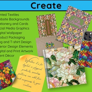 May include: A collection of colorful, stained glass-style patterns, perfect for creating unique designs for various products. The patterns include flowers, geometric shapes, and abstract designs. The text "Create" is at the top of the image, and the text "Whether it's for digital or physical products, seamless patterns can add flair and uniqueness to your creations." is at the bottom of the image.