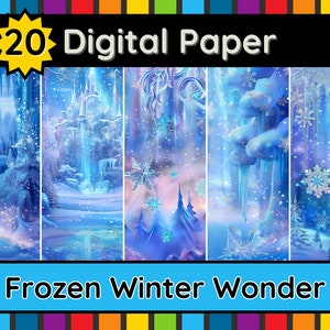 Pode incluir: 20 papéis digitais com um tema de inverno mágico com uma combinação de cores azul e branco. Os papéis apresentam imagens de um castelo congelado, árvores cobertas de neve e flocos de neve.