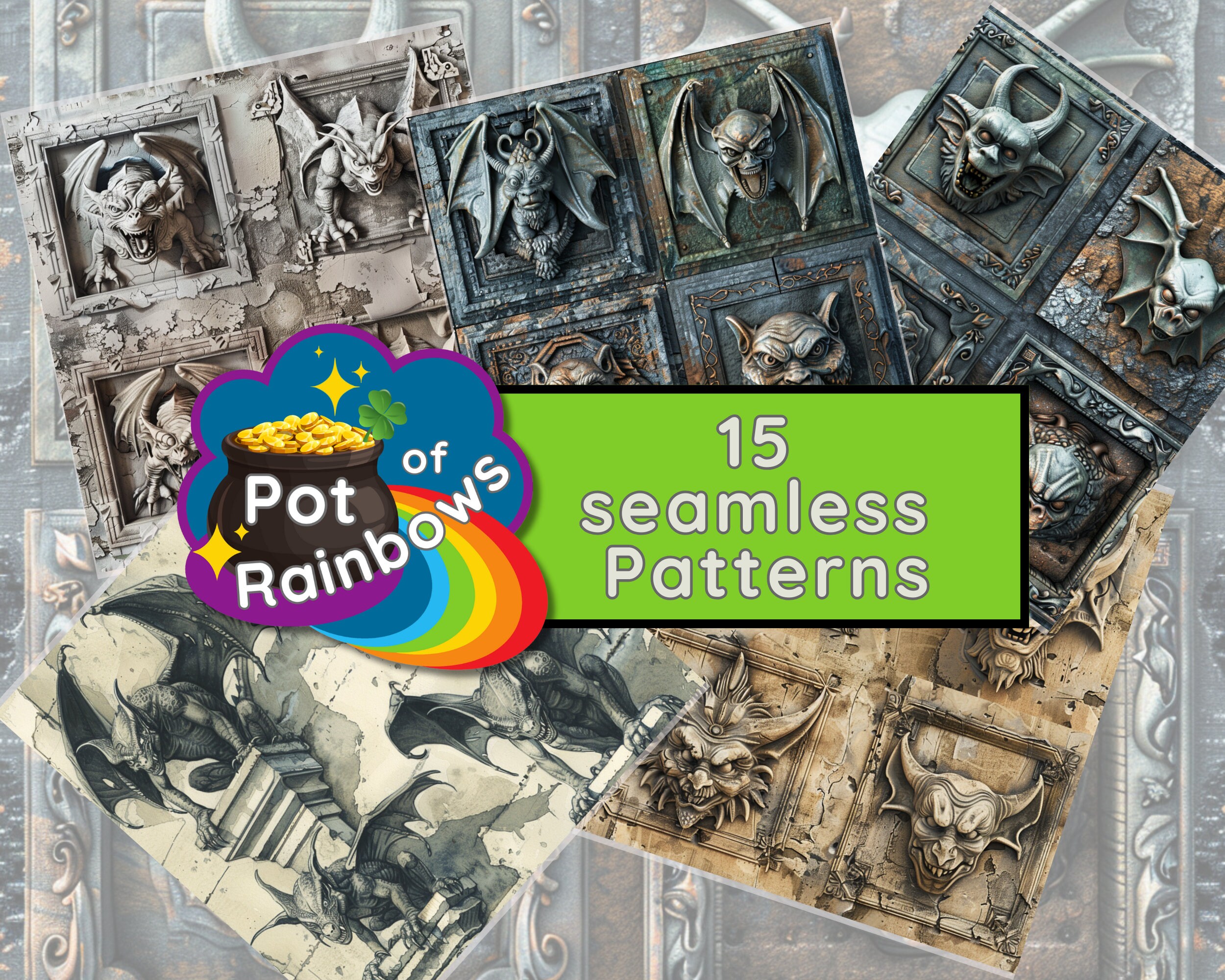 Gargoyle Gothic Seamless Patterns: PNG Backgrounds (digital Download ...