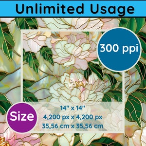 May include: A digital illustration of a stained glass window with a floral design. The window features white and pink peonies with green leaves and gold accents. The image is 14 inches by 14 inches and has a resolution of 300 pixels per inch.