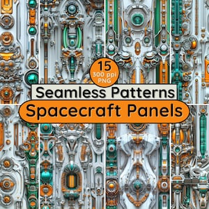 May include: 15 seamless patterns of spacecraft panels in a futuristic style. The panels are white with gold and green accents. The patterns are 300 ppi and in PNG format.