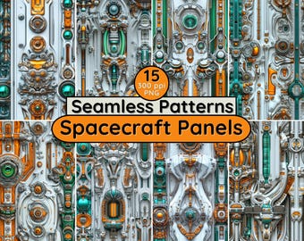 May include: 15 seamless patterns of spacecraft panels in a futuristic style. The panels are white with gold and green accents. The patterns are 300 ppi and in PNG format.