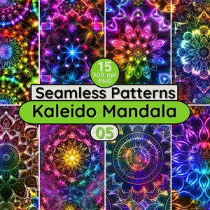 Neon Rainbow Mandala Kaleidoscope Seamless Patterns Psichedelico Arte Sfondo PNG per Scrapbook Tessile Tessuto Sfondi Junk Journal Pagina
