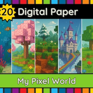 Puede incluir: Un conjunto de papel digital con arte pixelado. La imagen presenta cinco escenas diferentes, incluyendo una escena submarina, un árbol rosa, un árbol verde, un castillo con un arcoíris y un campo de hierba. El texto dice "20 Digital Paper" y "My Pixel World."