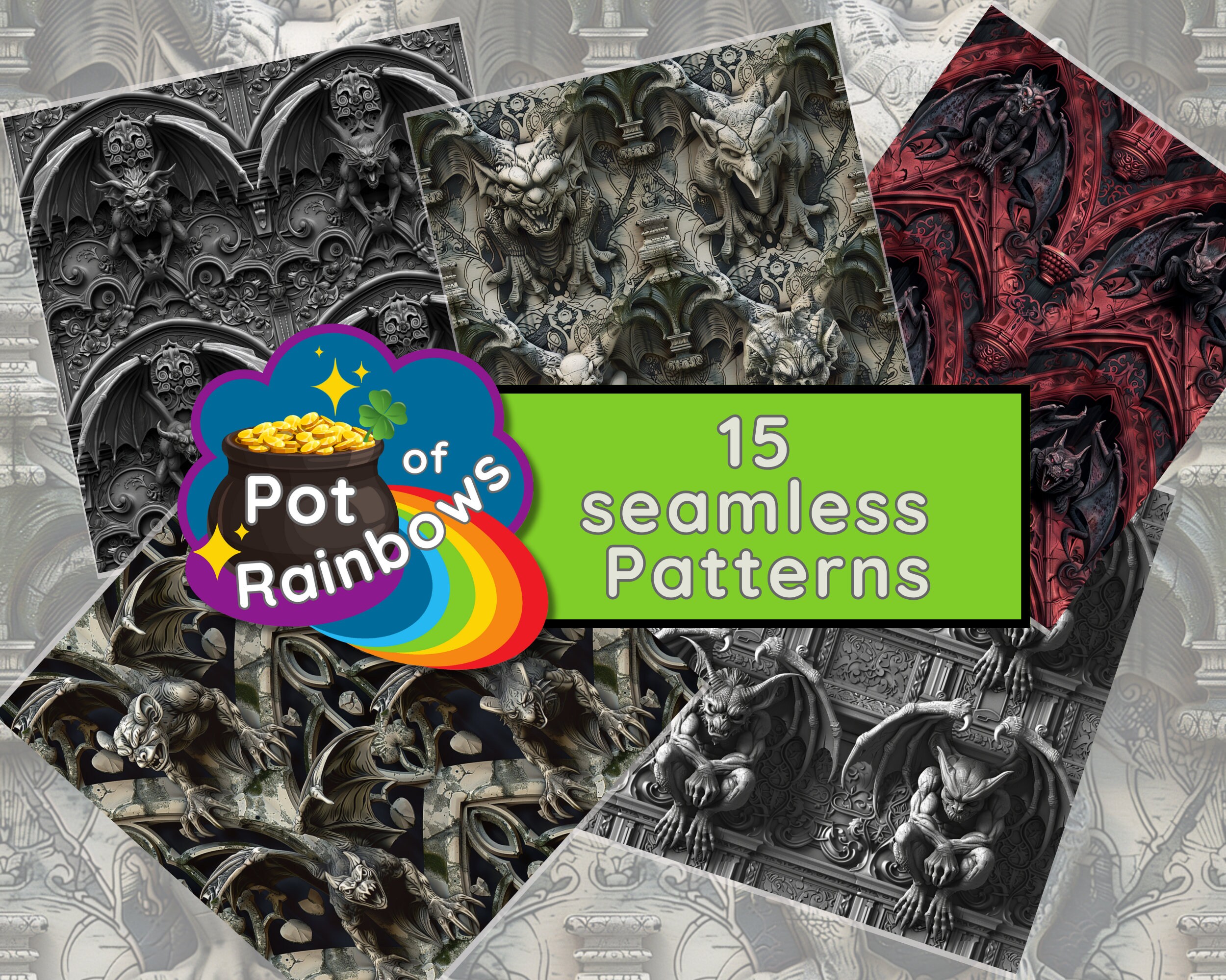 Gargoyle Gothic Seamless Patterns: PNG Backgrounds (digital Download ...