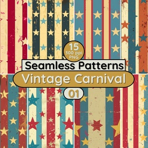 Vintage Carnival Circus Seamless Patterns Stars and Stripes PNG background for Card Scrapbook Textile Fabric Wallpapers Tumblers Junk Pages