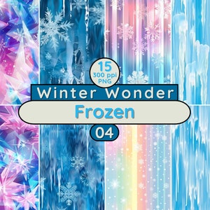 Puede incluir: Un paquete de papel digital con 15 patrones sin costuras con temas de invierno. Los patrones incluyen copos de nieve, carámbanos y un degradado arcoíris. El texto "Winter Wonder Frozen 04" se muestra en la imagen.