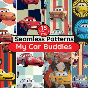 My Car Buddies Seamless Patterns Cute Cartoon Toys Vehicle Digital Designs for Kids clothing Wallpaper Birthday Party Boys’ Rooms Wall Art