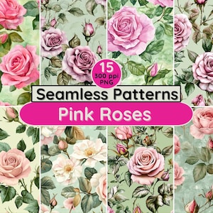 Rosas rosadas con patrones sin costuras, florales, vintage, acuarela, románticos, ruborizados, jardín, victorianos, invitaciones de boda, papelería, álbumes de recortes, diarios.