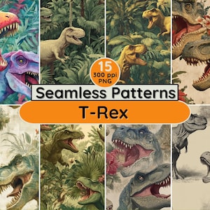 Könnte beinhalten: Eine Sammlung nahtloser Muster mit T-Rex-Dinosauriern in verschiedenen Farben und Stilen. Die Muster umfassen Aquarellillustrationen, Vintage-Designs und botanische Elemente. Der Text "Seamless Patterns T-Rex" ist enthalten.
