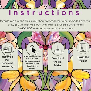 May include: Instructions on how to download digital files from Etsy. The image shows a colorful stained glass background with four icons: a PDF icon, a mouse cursor, a download icon, and a zip file icon. The text below the icons explains the steps to download the files.