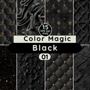Könnte beinhalten: Ein Set mit 15 digitalen Papiertexturen in Schwarz und Gold. Die Texturen umfassen Muster wie gestepptes Leder, Satin, verzierte Designs, Glitzer und Stein.