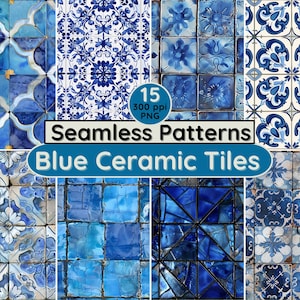 Könnte beinhalten: Eine Sammlung blauer Keramikfliesenmuster. Das Bild zeigt verschiedene Designs, darunter florale und geometrische Muster, in Blau- und Weißtönen. Der Text auf dem Bild lautet "Seamless Patterns Blue Ceramic Tiles."