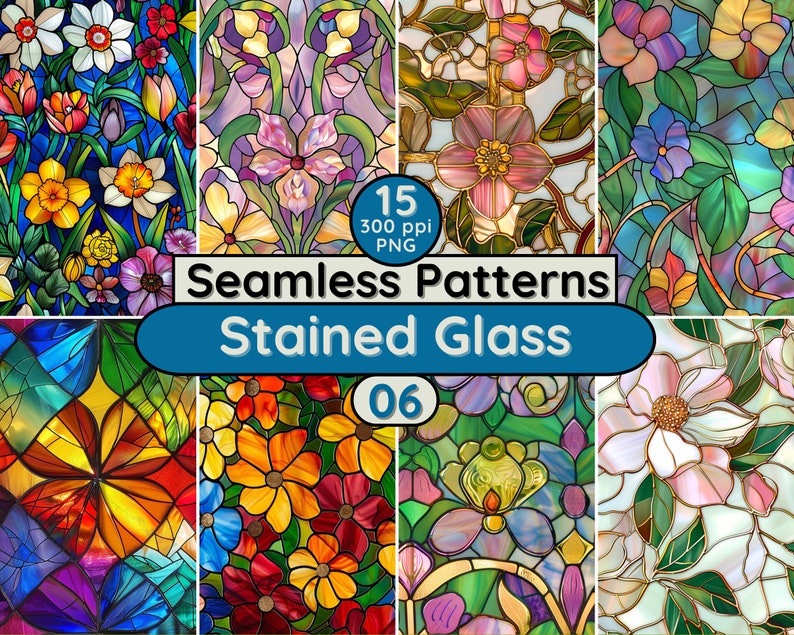 May include: A set of 15 seamless stained glass patterns featuring floral designs in various colors, including blue, green, yellow, red, and pink. The patterns are 300 ppi and in PNG format.  The text "Seamless Patterns Stained Glass 06" is displayed in the center of the image.