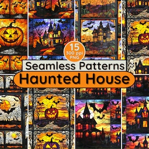 Halloween 04 Haunted House Vitrail Motifs sans couture de fond pour des invitations obsédantes Scrapbooking Textile Tissu Papiers peints Pages