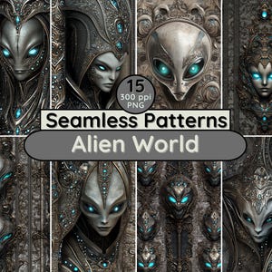 May include: 15 seamless patterns featuring alien-like faces with intricate details in a silver and blue color scheme. The patterns are set against a dark, ornate background. The text "Seamless Patterns Alien World" is displayed in the center of the image.