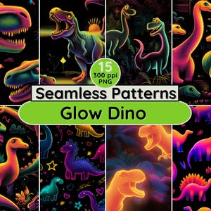 May include: A collection of seamless patterns featuring colorful, glowing dinosaurs on a black background. The patterns include various dinosaur species in vibrant shades of pink, orange, yellow, and blue. Text reads "Seamless Patterns Glow Dino".