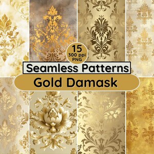 Motivi senza cuciture in damasco dorato, vintage, da sposa, ornato, sfondo reale, elegante invito, decorazione di lusso per PNG, carte digitali, scrapbooking