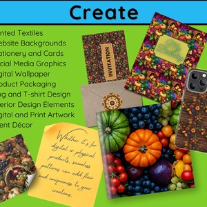 K&ouml;nnte beinhalten: Eine Sammlung digitaler nahtloser Muster mit Herbstmotiven. Die Muster beinhalten K&uuml;rbisse, K&uuml;rbisse, Bl&auml;tter und Beeren in Orange-, Rot-, Gelb- und Braunt&ouml;nen. Der Text "Whether it's for digital or physical products, seamless patterns can add flair and uniqueness to your creations." wird auf einem gelben Hintergrund angezeigt.