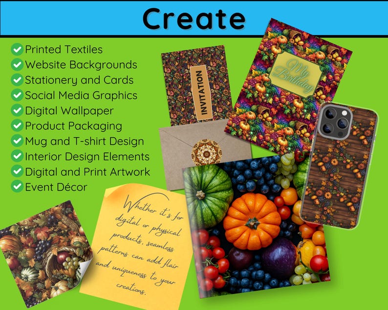 K&ouml;nnte beinhalten: Eine Sammlung digitaler nahtloser Muster mit Herbstmotiven. Die Muster beinhalten K&uuml;rbisse, K&uuml;rbisse, Bl&auml;tter und Beeren in Orange-, Rot-, Gelb- und Braunt&ouml;nen. Der Text "Whether it's for digital or physical products, seamless patterns can add flair and uniqueness to your creations." wird auf einem gelben Hintergrund angezeigt.