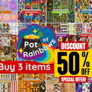 May include: A collage of 15 different seamless patterns, each with a unique design. The patterns include stained glass, teddy bears, art deco, forest moss, clown carnival, vintage carnival, sweet honeycomb, kaleidoscope mandala, and more. The image also includes a pot of gold, a rainbow, and the text "Pot of Rainbows" and "Buy 3 items". There is a large yellow banner with the text "DISCOUNT 50% OFF" and "SPECIAL OFFER!"