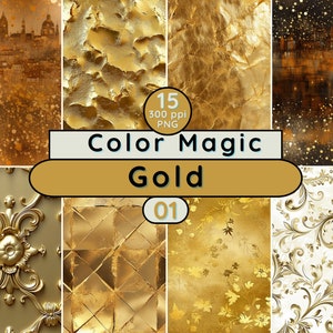 Puede incluir: Un conjunto de 15 texturas de papel digital en tonos dorados. Las texturas incluyen una ciudad, oro agrietado, un patrón floral, un patrón damasco, y más. Los papeles son de 300 ppi y en formato PNG. Color Magic Gold 01.