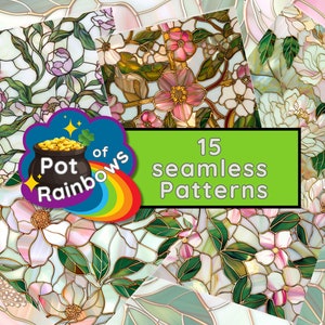 May include: 15 seamless patterns featuring stained glass style floral designs with pink and white flowers and green leaves. The patterns are perfect for crafting, scrapbooking, and digital design projects.