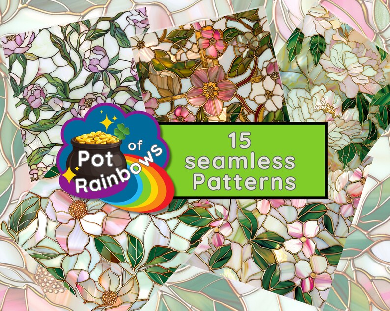 May include: 15 seamless patterns featuring stained glass style floral designs with pink and white flowers and green leaves. The patterns are perfect for crafting, scrapbooking, and digital design projects.