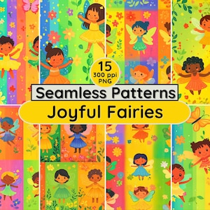 Fées joyeuses, motifs sans couture, textures numériques amusantes et gaies pour le scrapbooking, bricolage en tissu pour enfants, décoration de chambre d'enfant, imprimable