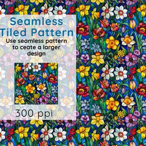 May include: A seamless tiled pattern featuring a vibrant floral design with daffodils, tulips, and other flowers in shades of yellow, red, purple, and white on a blue background. The text "Seamless Tiled Pattern" and "Use seamless pattern to create a larger design" is displayed in a white box. The text "300 ppi" is displayed below the box.