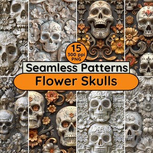 Halloween, 06 jour des morts, crânes de fleurs, motifs sans couture de fond pour des invitations fantasmagoriques, scrapbooking, textile, tissu, papiers peints, pages