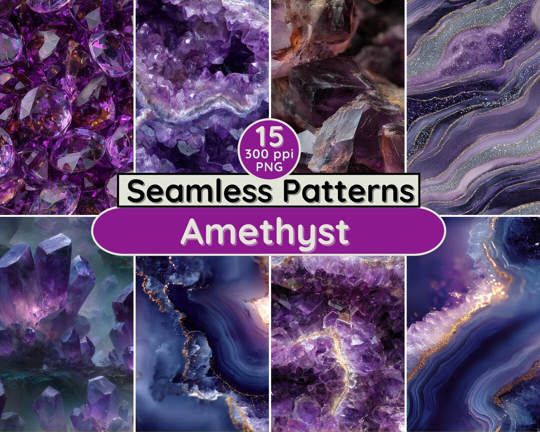 Amethyst Seamless Patterns: Aquarius Gemstone PNG Backgrounds (digital ...