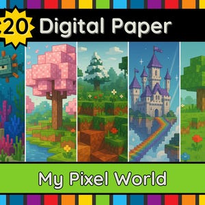 La mia carta digitale Pixel World ispirata al gioco Minecraft, arte fantasy a blocchi per scrapbooking, scrapbooking, feste per bambini, fai da te, stampabile