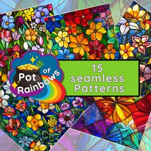 May include: A collage of 15 colorful stained glass patterns featuring flowers, butterflies, and rainbows. The text "Pot of Rainbows" is in the center of the image.