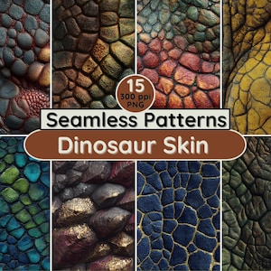 May include: A selection of seamless dinosaur skin patterns in shades of green, blue, red, and gold. The image showcases diverse textures and scales, with the text "Seamless Patterns Dinosaur Skin" and "15 300 ppi PNG".
