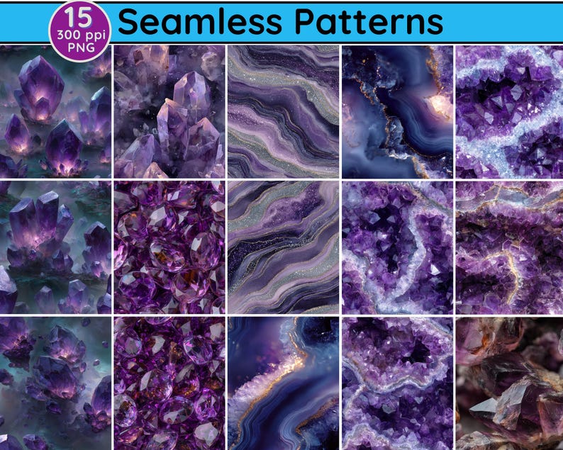 Amethyst Seamless Patterns: Aquarius Gemstone PNG Backgrounds (digital ...