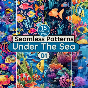 Padrões sem emenda sob o mar Corais Peixe PNG download instantâneo de fundo para cartão Scrapbook Tecido têxtil Papéis de parede Junk Journal Pages