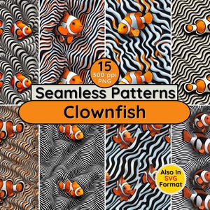 May include: 15 seamless patterns of clownfish swimming in a black and white wavy pattern. The patterns are 300 ppi and available in PNG and SVG formats.