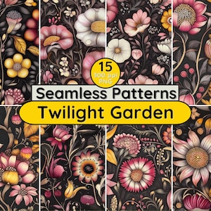 Papeles digitales con estampados florales sin costuras de Twilight Garden, fondo botánico oscuro, flores para sublimación y manualidades, tarjeta para esposa, mamá y niña