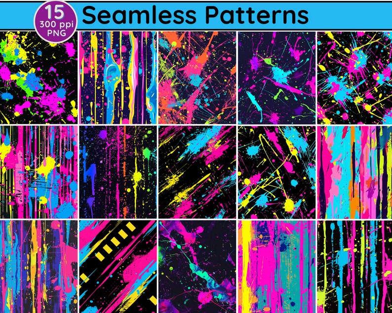 Neon Paint Splatter Seamless Patterns: Vibrant PNG Backgrounds (digital ...