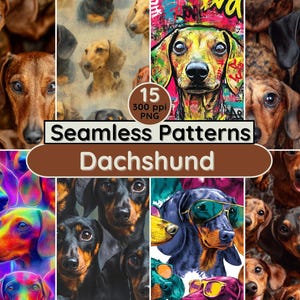 May include: A collection of seamless patterns featuring various dachshund dog illustrations. The patterns showcase a variety of styles, including realistic portraits, colorful pop art, and artistic renderings. The image includes the text "Seamless Patterns Dachshund".