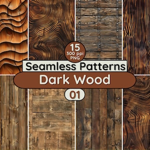 Puede incluir: 15 patrones de madera oscura sin costuras, 300 ppi, PNG. Los patrones presentan varias texturas de veta de madera, incluyendo tablones, nudos y remolinos.